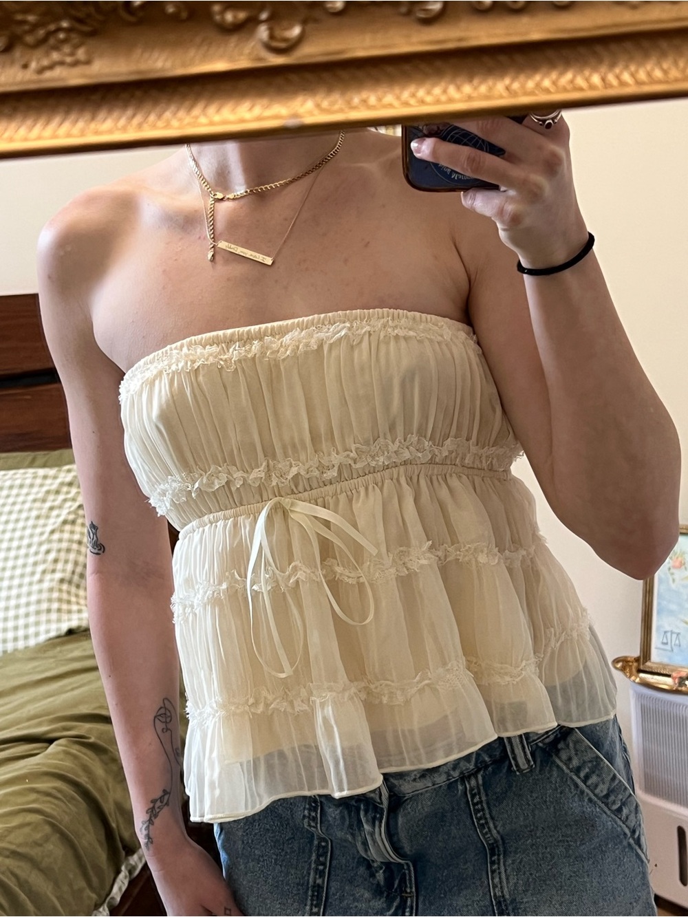 Edikted Cream Strapless Ruffled Flowy Crop Top